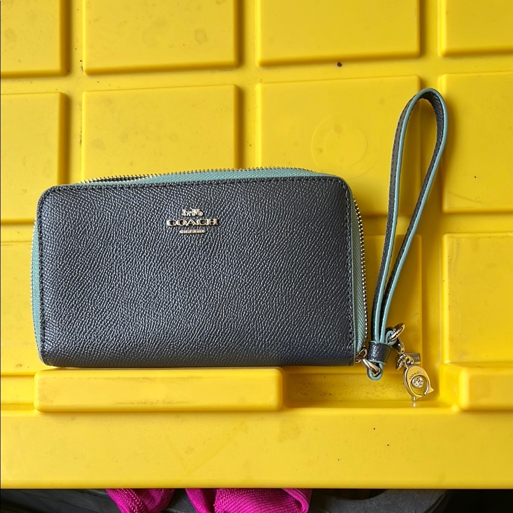 Coach Charcoal Wristlet with Gold Accents